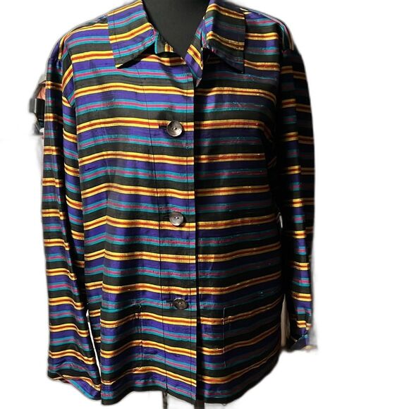 Vintage Chico's Design 100% Silk Multi Color Striped Blouse Jacket. Size 3 - Picture 3 of 7